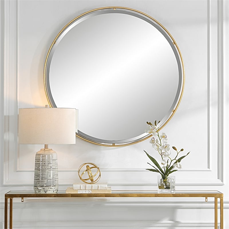 Uttermost Canillo Round Contemporary Iron Metal and MDF Mirror in Gold