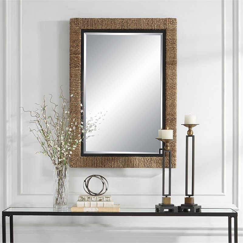 Uttermost Island Contemporary Iron Metal Braided Straw Mirror in Natural