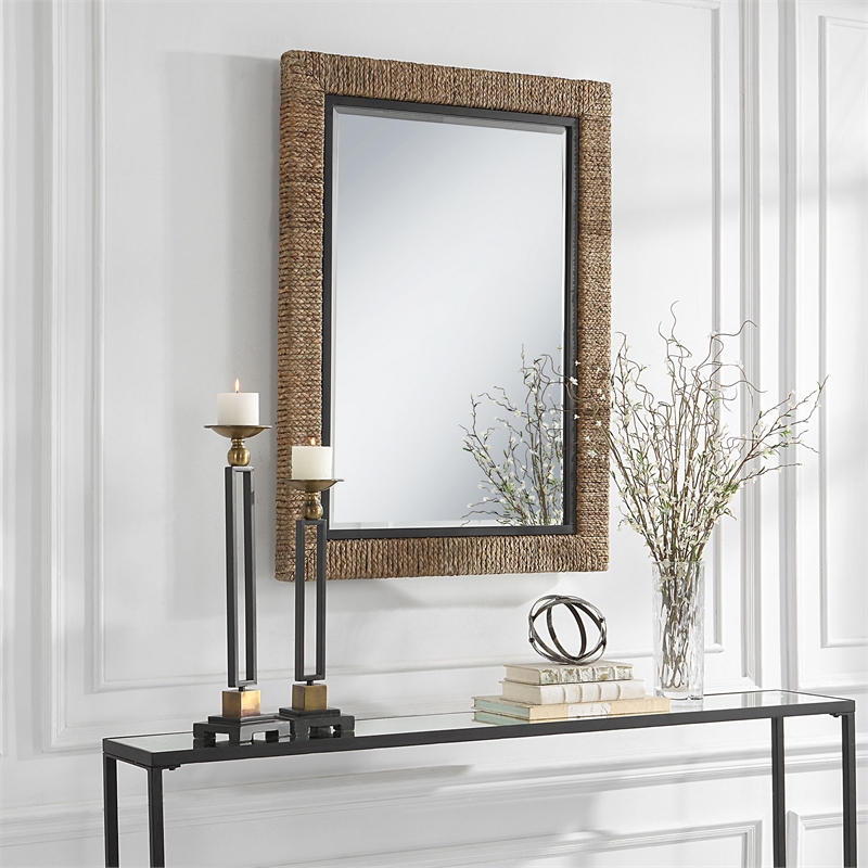 Uttermost Island Contemporary Iron Metal Braided Straw Mirror in Natural