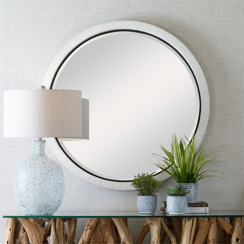 Uttermost Granada Round Contemporary Rattan and Iron Mirror in White
