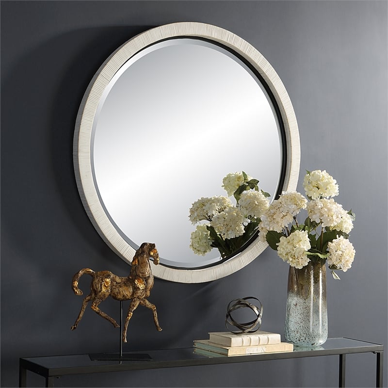Uttermost Granada Round Contemporary Rattan and Iron Mirror in White