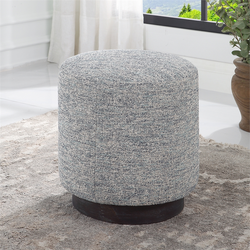 Uttermost Avila Round Fabric Tweed Ottoman in Blue/White/Walnut
