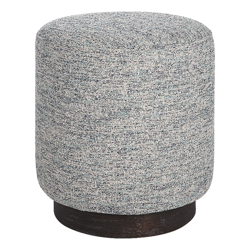 Uttermost Avila Round Fabric Tweed Ottoman in Blue/White/Walnut