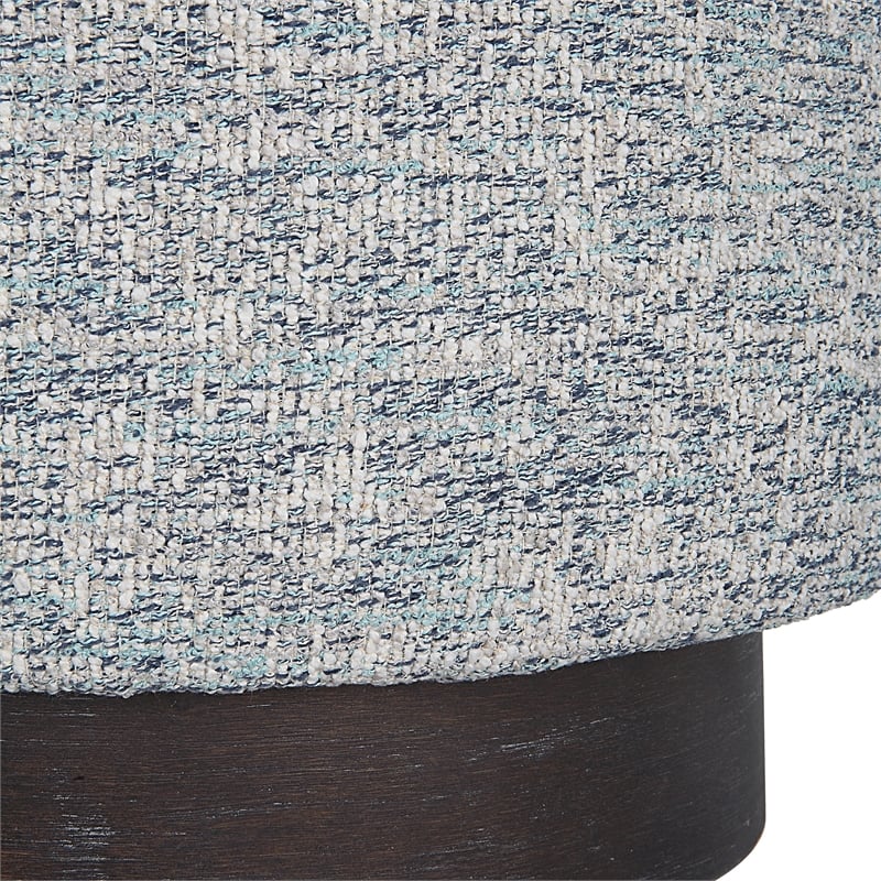 Uttermost Avila Round Fabric Tweed Ottoman in Blue/White/Walnut