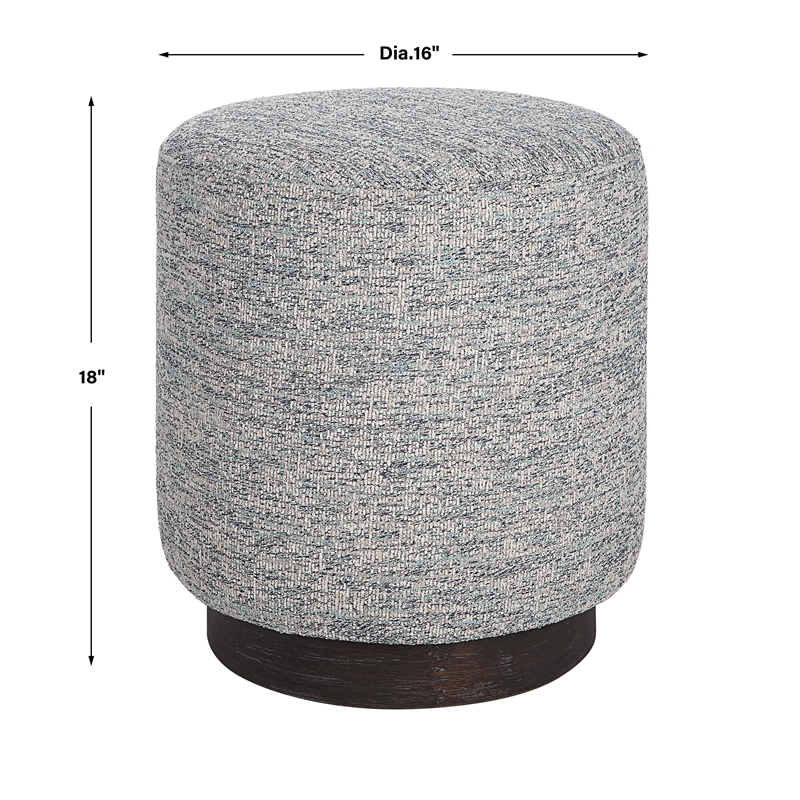 Uttermost Avila Round Fabric Tweed Ottoman in Blue/White/Walnut