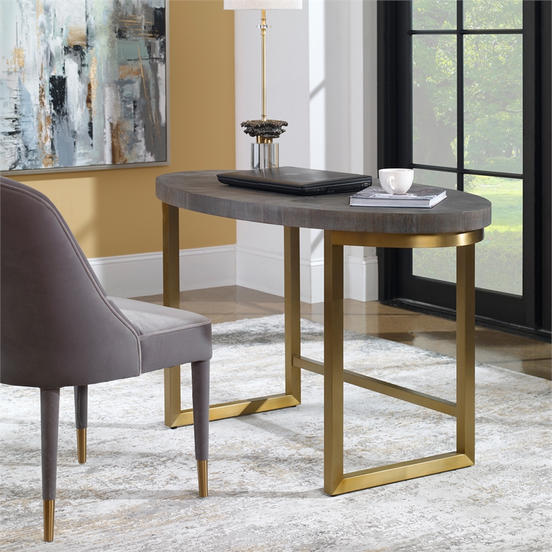 Uttermost Taja Oval Acacia Veneer and Stainless Steel Desk in Brass/Walnut