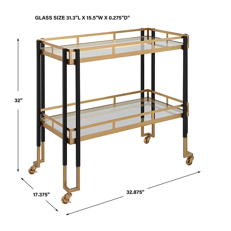 Uttermost Kentmore Contemporary Iron Metal and Glass Bar Cart in Black/Gold