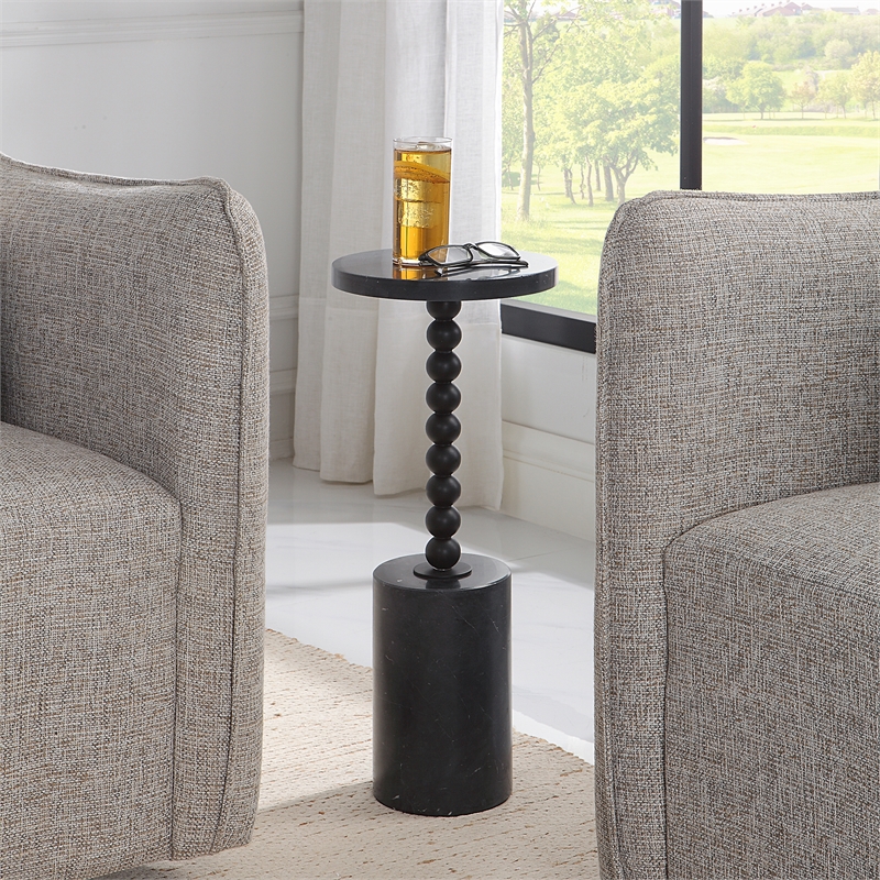 Uttermost Bead Contemporary Marble and Iron Metal Drink Table in Black