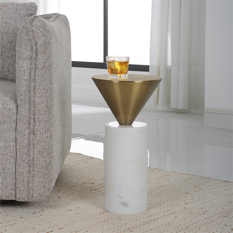 Uttermost Top Hat Contemporary Marble and Steel Drink Table in Brass/White