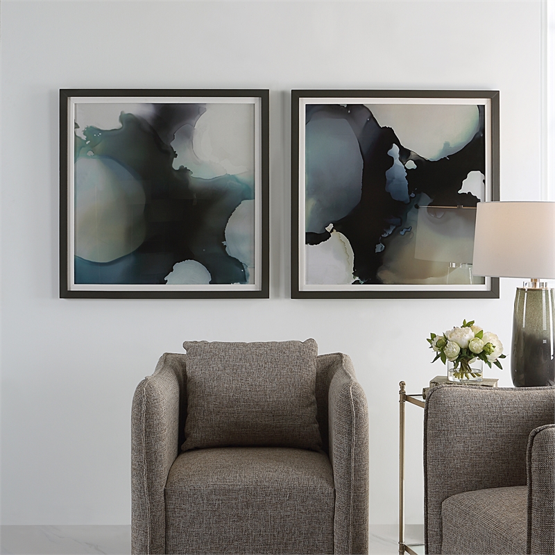 Uttermost Telescopic Abstract Framed Prints in Black/Blue/Brown/White (Set of 2)
