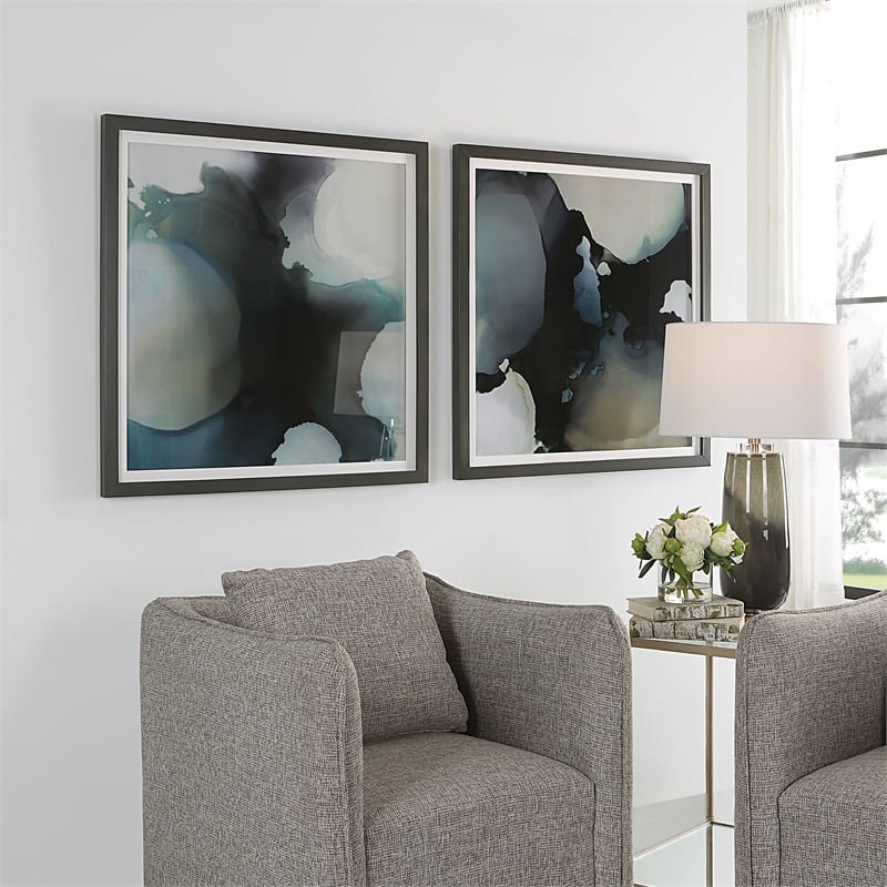 Uttermost Telescopic Abstract Framed Prints in Black/Blue/Brown/White (Set of 2)