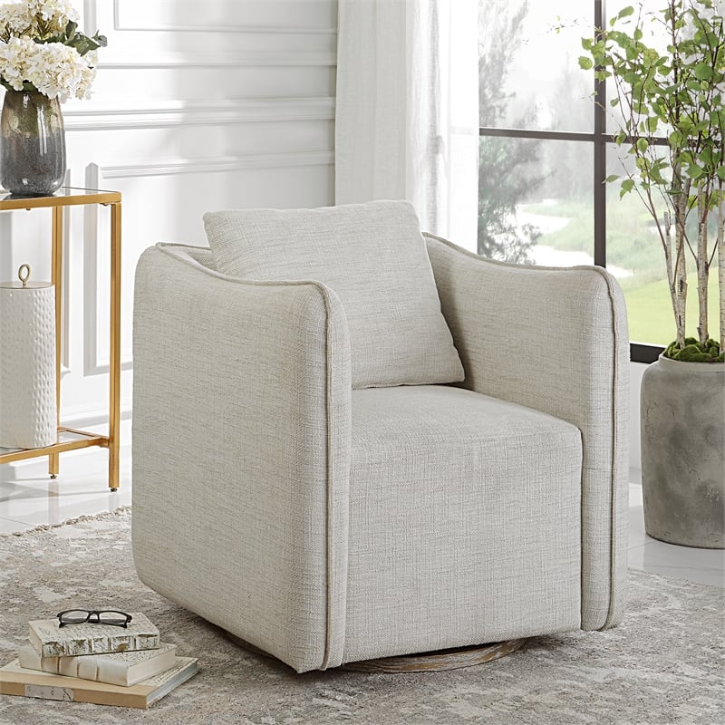 Uttermost Corben Farmhouse Wood and Fabric Swivel Armchair in Off White