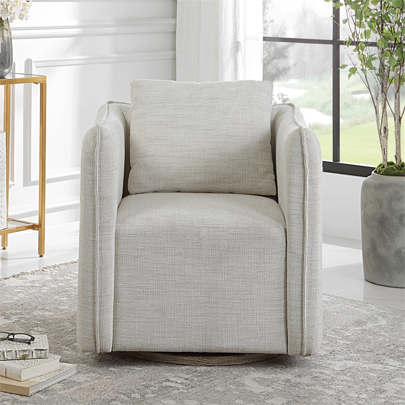 Uttermost Corben Farmhouse Wood and Fabric Swivel Armchair in Off White