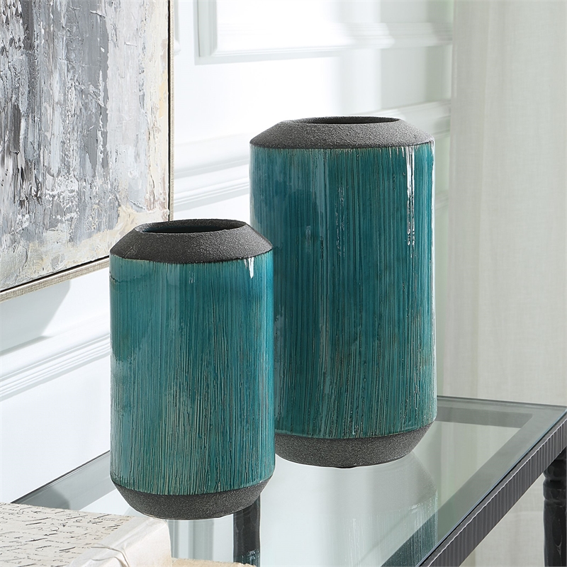 Uttermost Maui Contemporary Ceramic Vases in Blue Finish (Set of 2)