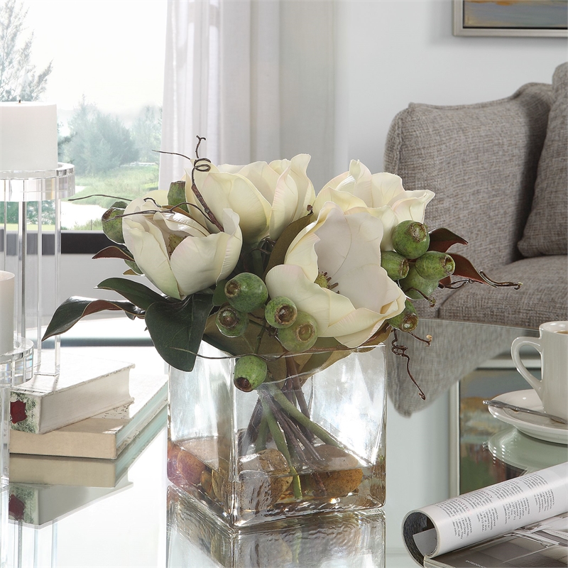Uttermost Dobbins Magnolia Glass and Polyfoam Plastic Bouquet in White