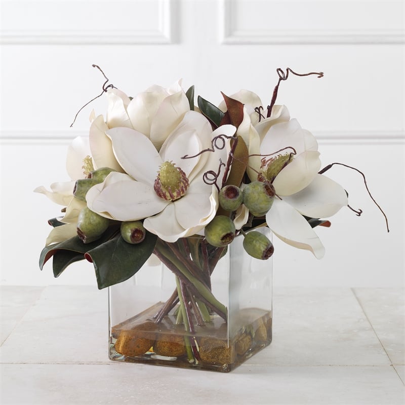 Uttermost Dobbins Magnolia Glass and Polyfoam Plastic Bouquet in White