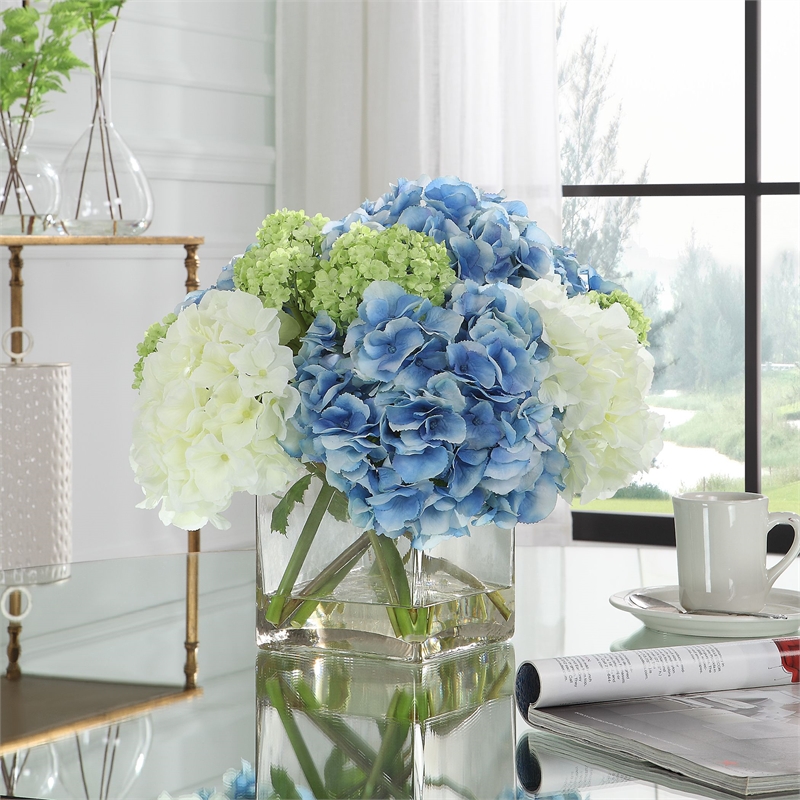 Uttermost Providence Hydrangea Polyester Iron Glass Bouquet in Blue/Green/White