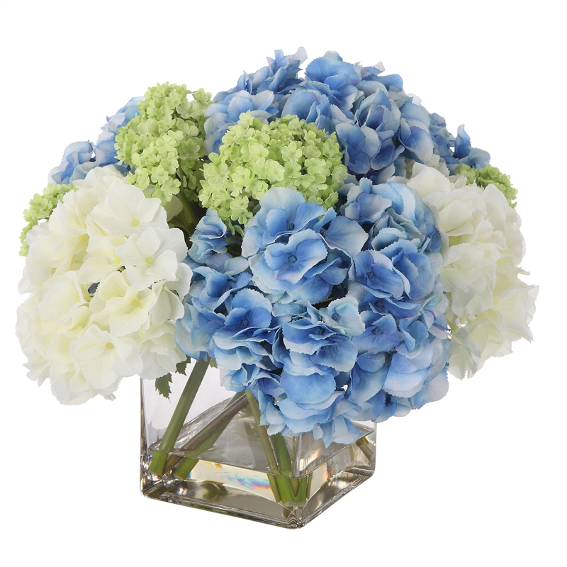 Uttermost Providence Hydrangea Polyester Iron Glass Bouquet in Blue/Green/White