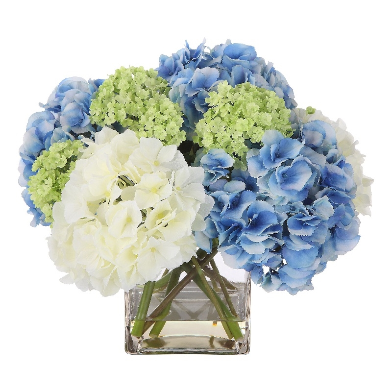 Uttermost Providence Hydrangea Polyester Iron Glass Bouquet in Blue/Green/White