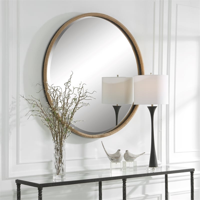 Uttermost Ranchero Round Farmhouse Metal MDF and Rope Mirror in Brown