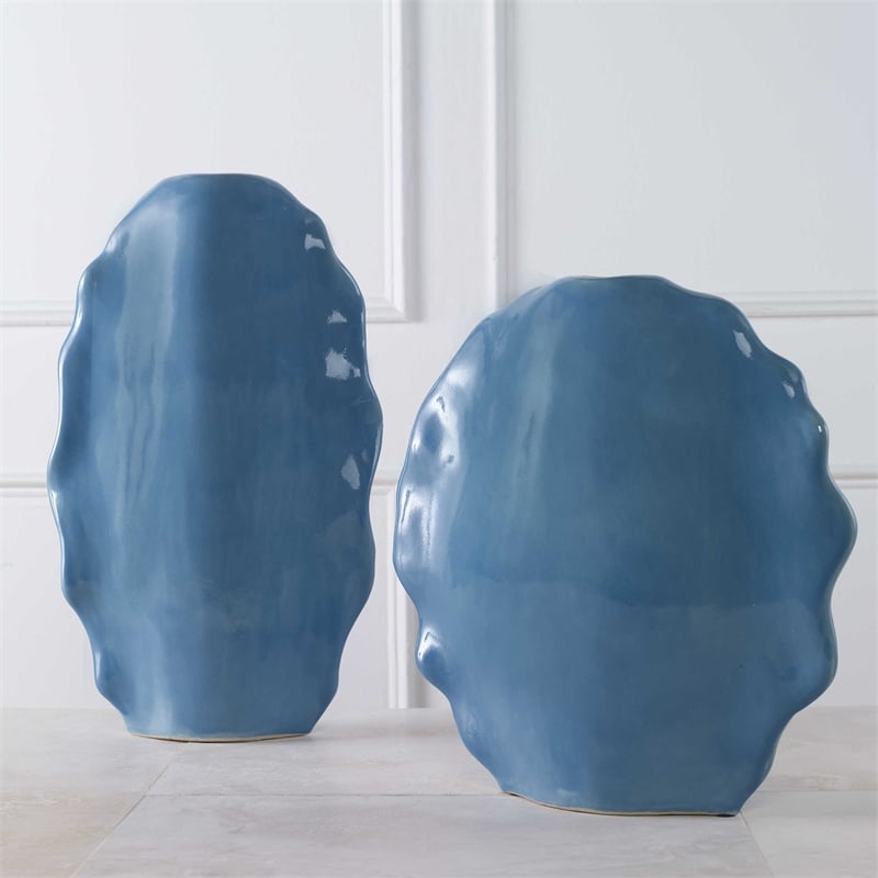 Uttermost Ruffled Feathers Earthenware Ceramic & Glaze Vases in Blue (Set of 2)