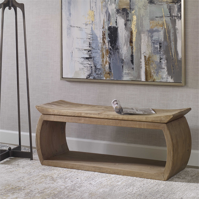 Uttermost Connor Contemporary Reclaimed Elm Wood Bench in Woodtone Brown