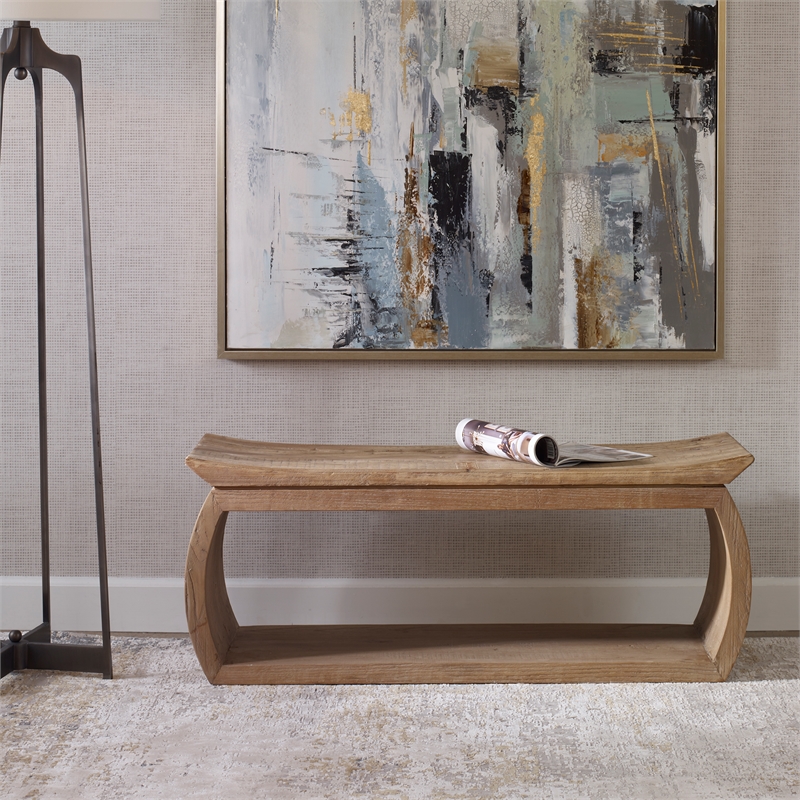 Uttermost Connor Contemporary Reclaimed Elm Wood Bench in Woodtone Brown