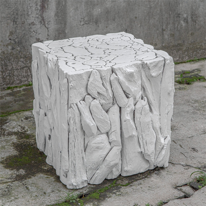 Uttermost Teak Root Farmhouse Teak Wood Bunching Cube in Whitewashed Finish