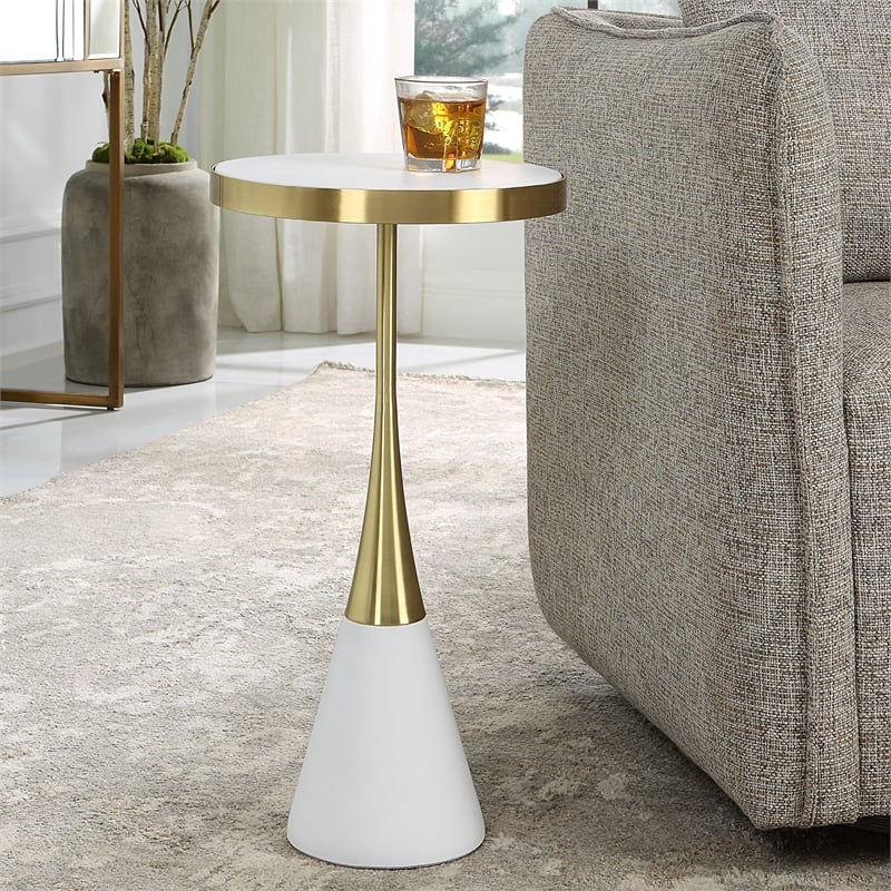 Uttermost Apex Contemporary Concrete and Metal Accent Table in Brass/White
