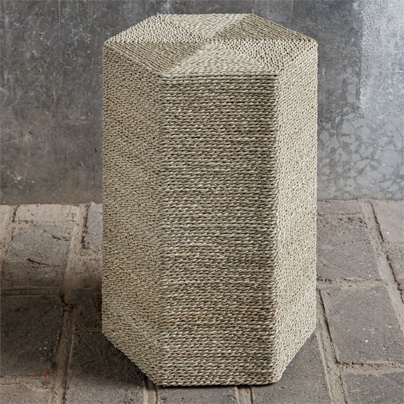 Uttermost Sea Farmhouse Wood and Seagrass Braid Accent Table in Brown