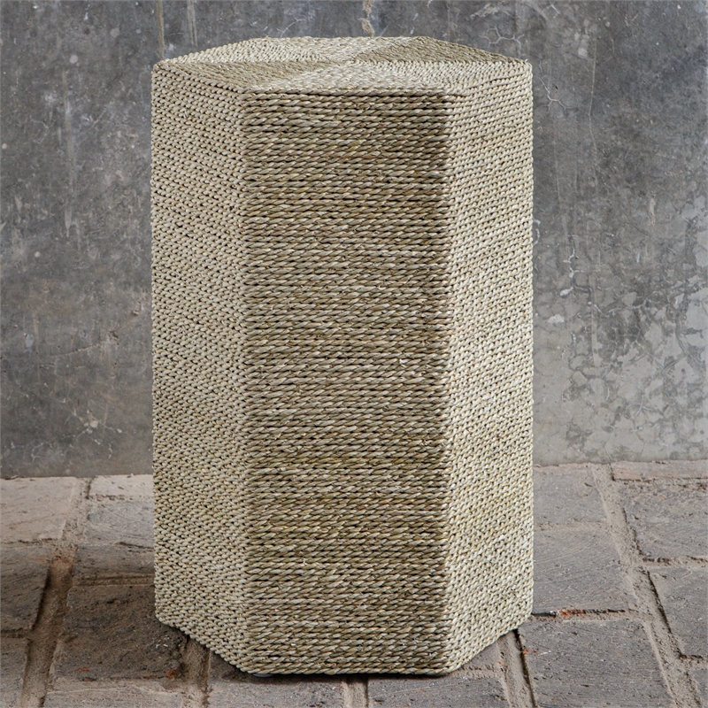 Uttermost Sea Farmhouse Wood and Seagrass Braid Accent Table in Brown