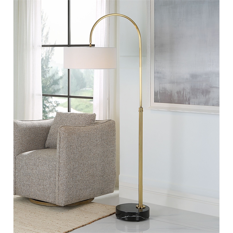 Uttermost Huxford Transitional Metal Marble Fabric Arch Floor Lamp in Brass/Gold