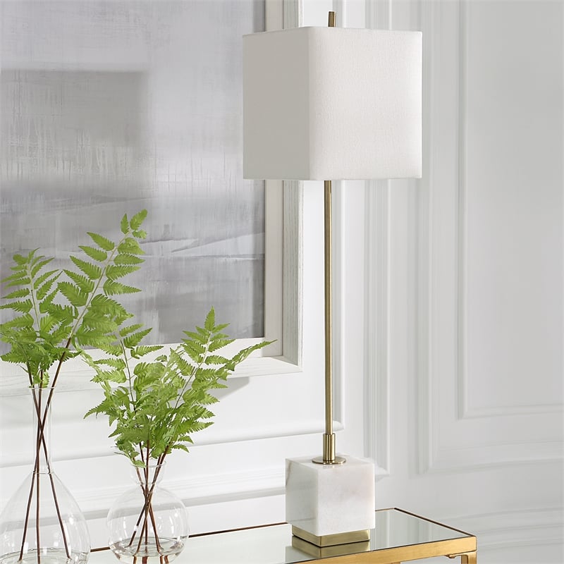 Uttermost Escort Contemporary Metal Marble and Fabric Buffet Lamp in Brass/Gold