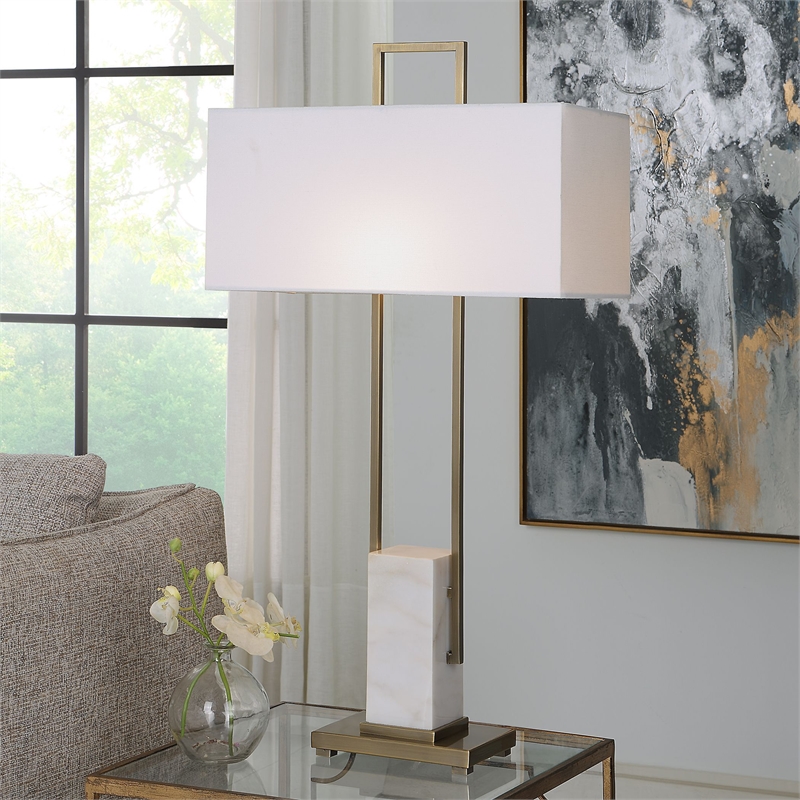 Uttermost Column Metal Steel and Marble Table Lamp in Brass/Gold/White