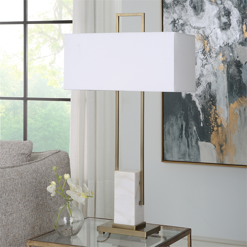 Uttermost Column Metal Steel and Marble Table Lamp in Brass/Gold/White