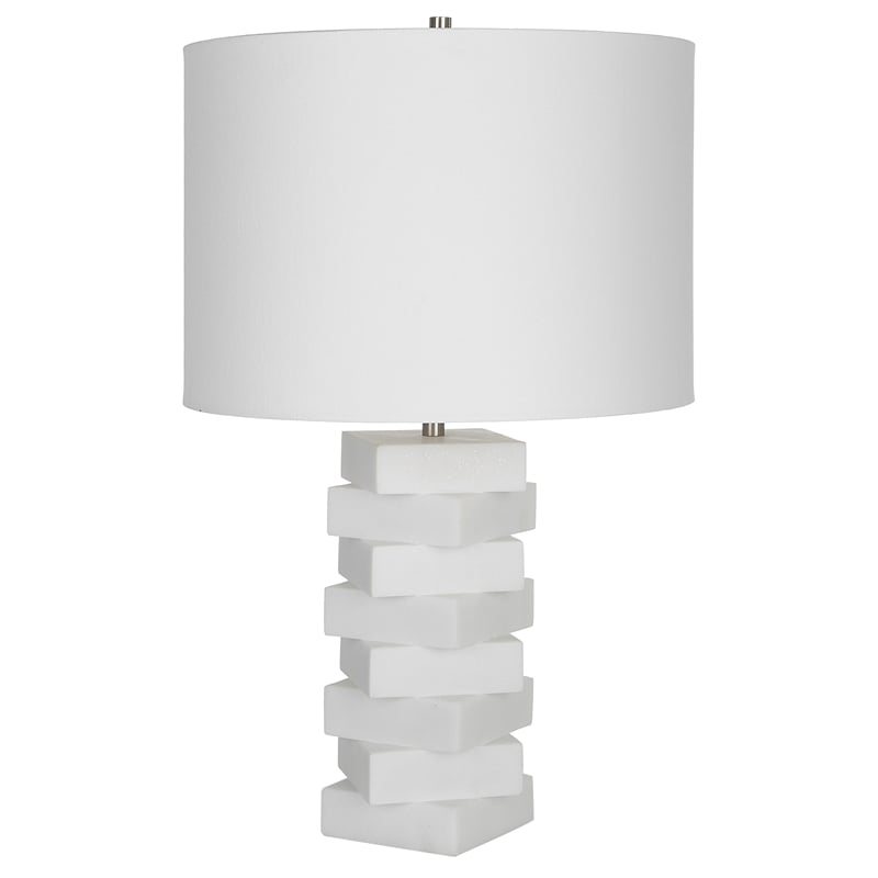 Uttermost Ascent Contemporary Rice Stone and Linen Geometric Table Lamp in White