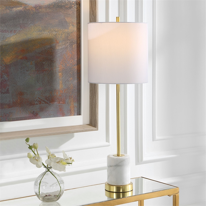Uttermost Turret Transitional Marble Metal and Fabric Buffet Lamp in Brass/Gold