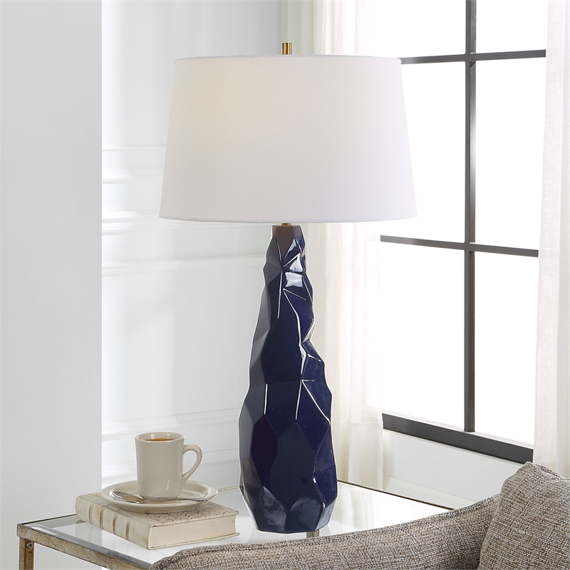 Uttermost Kavos Contemporary Ceramic Iron Fabric Geometric Table Lamp in Blue