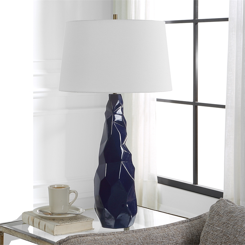 Uttermost Kavos Contemporary Ceramic Iron Fabric Geometric Table Lamp in Blue