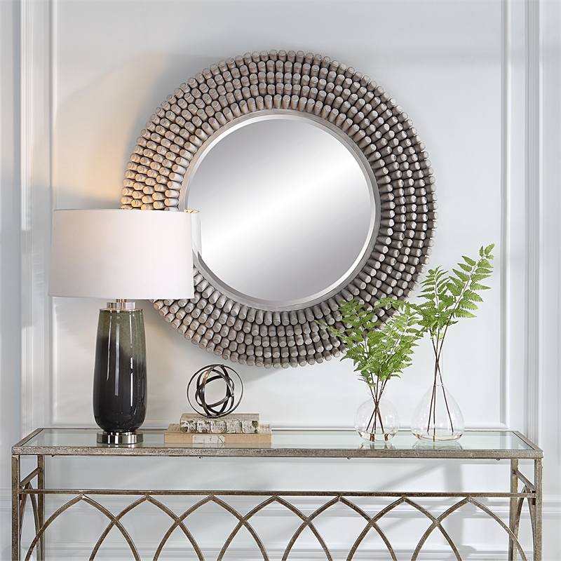 Uttermost Portside Round Farmhouse MDF and Fir Wood Mirror in Gray