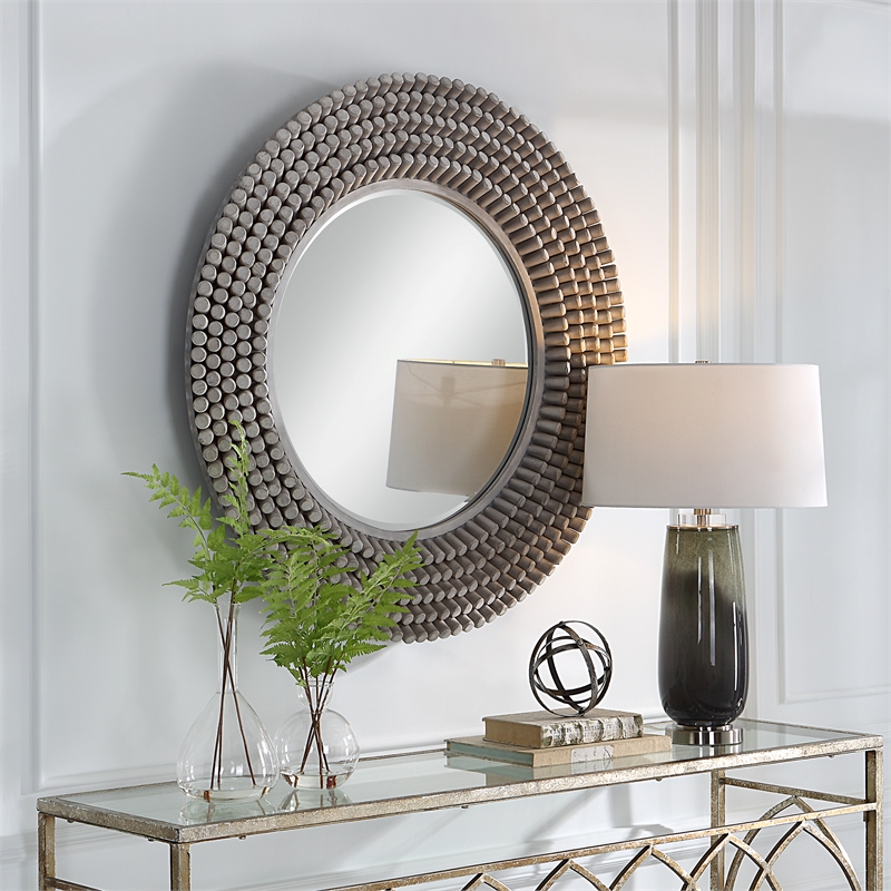 Uttermost Portside Round Farmhouse MDF and Fir Wood Mirror in Gray