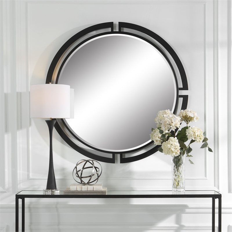 Uttermost Quadrant Round Contemporary MDF and Metal Mirror in Black