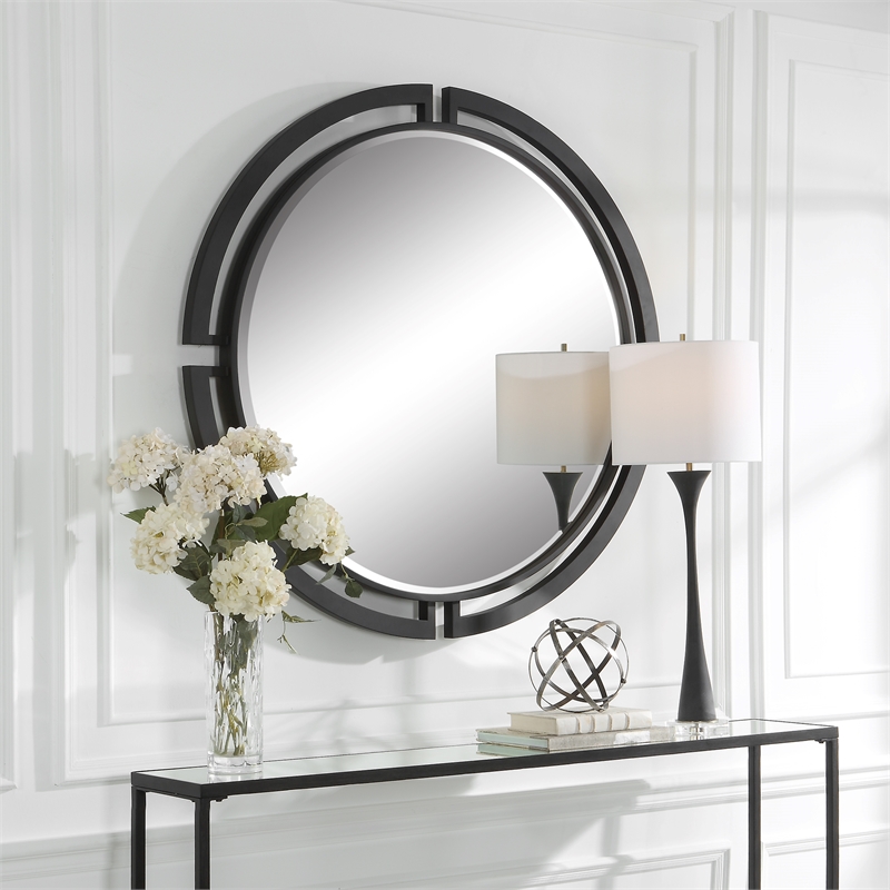 Uttermost Quadrant Round Contemporary MDF and Metal Mirror in Black