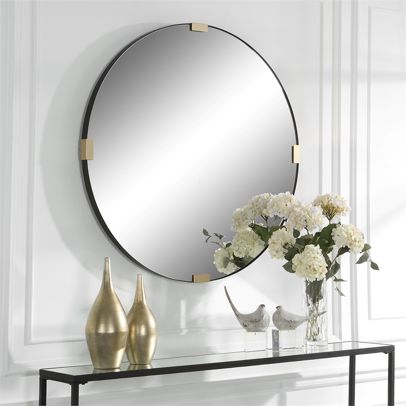 Uttermost Clip Round Contemporary Metal and MDF Mirror in Black/Gold