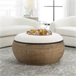 Uttermost Island Farmhouse MDF Straw Iron and Fabric Storage Ottoman in Brown