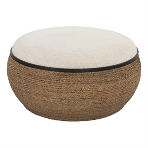 Uttermost Island Farmhouse MDF Straw Iron and Fabric Storage Ottoman in Brown