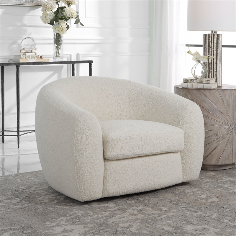 Uttermost Capra Contemporary Fabric and Wood Art Deco Swivel Chair in White