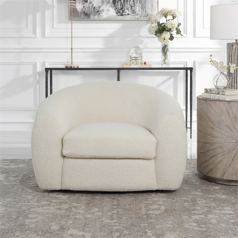 Uttermost Capra Contemporary Fabric and Wood Art Deco Swivel Chair in White