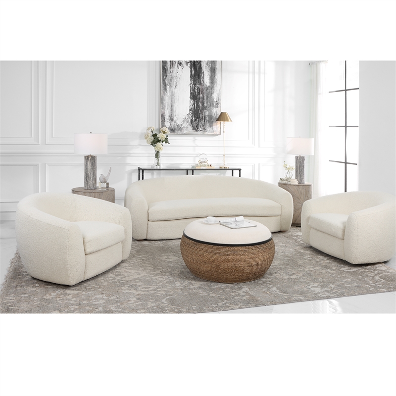 Uttermost Capra Contemporary Fabric and Wood Art Deco Swivel Chair in White