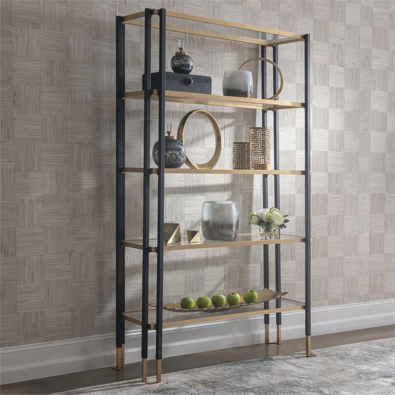 Uttermost Kentmore Contemporary Metal and Tempered Glass Etagere in Black/Gold